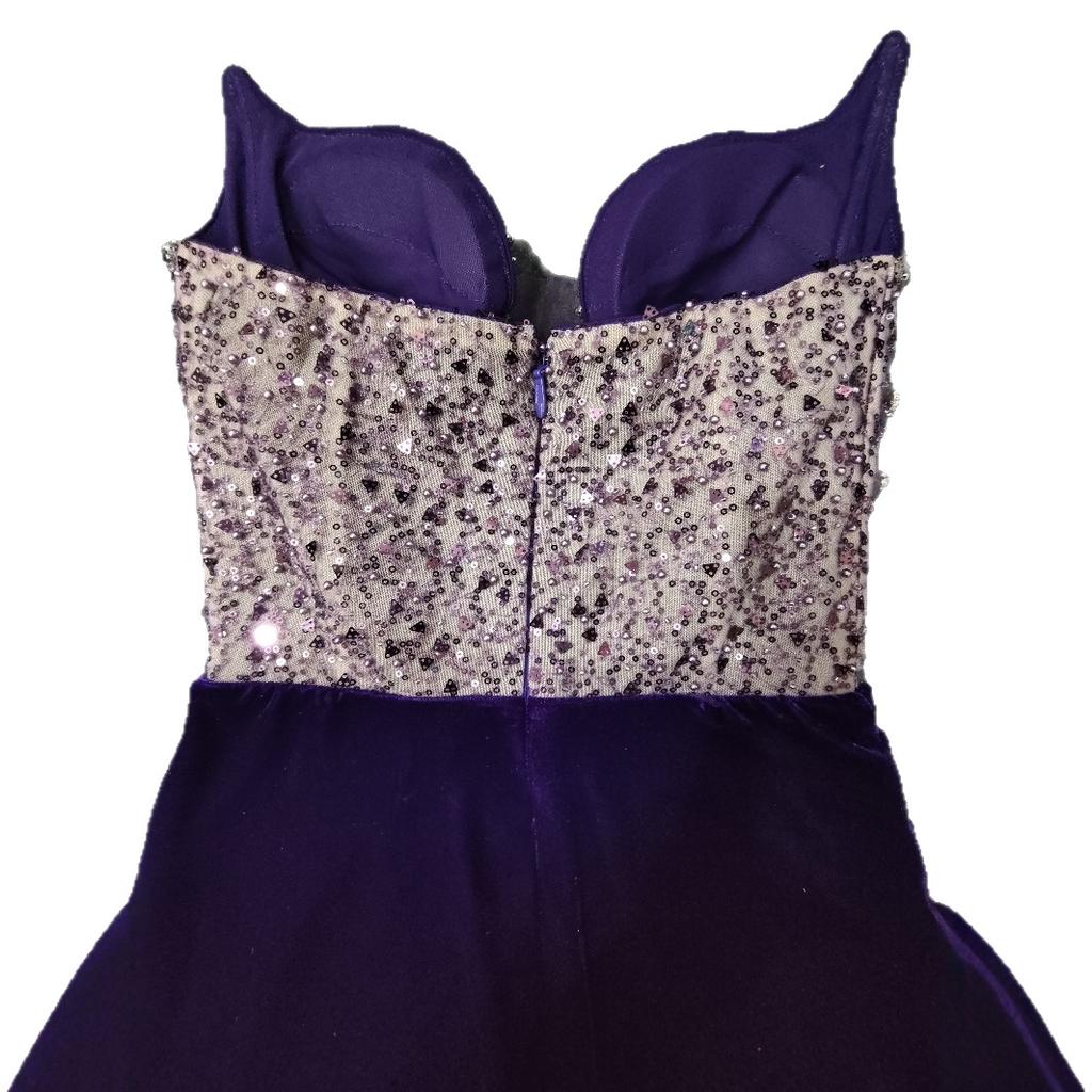 European and American heavy industry velvet purple gas Donglai beaded sequins splicing thin party dinner dress