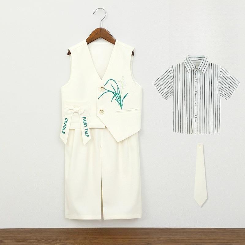 Kids Boys Chinese Style Formal Suit Set Orchid Embroidered Vest Striped Shirt Pants Gentleman Outfit for Wedding Birthday Party