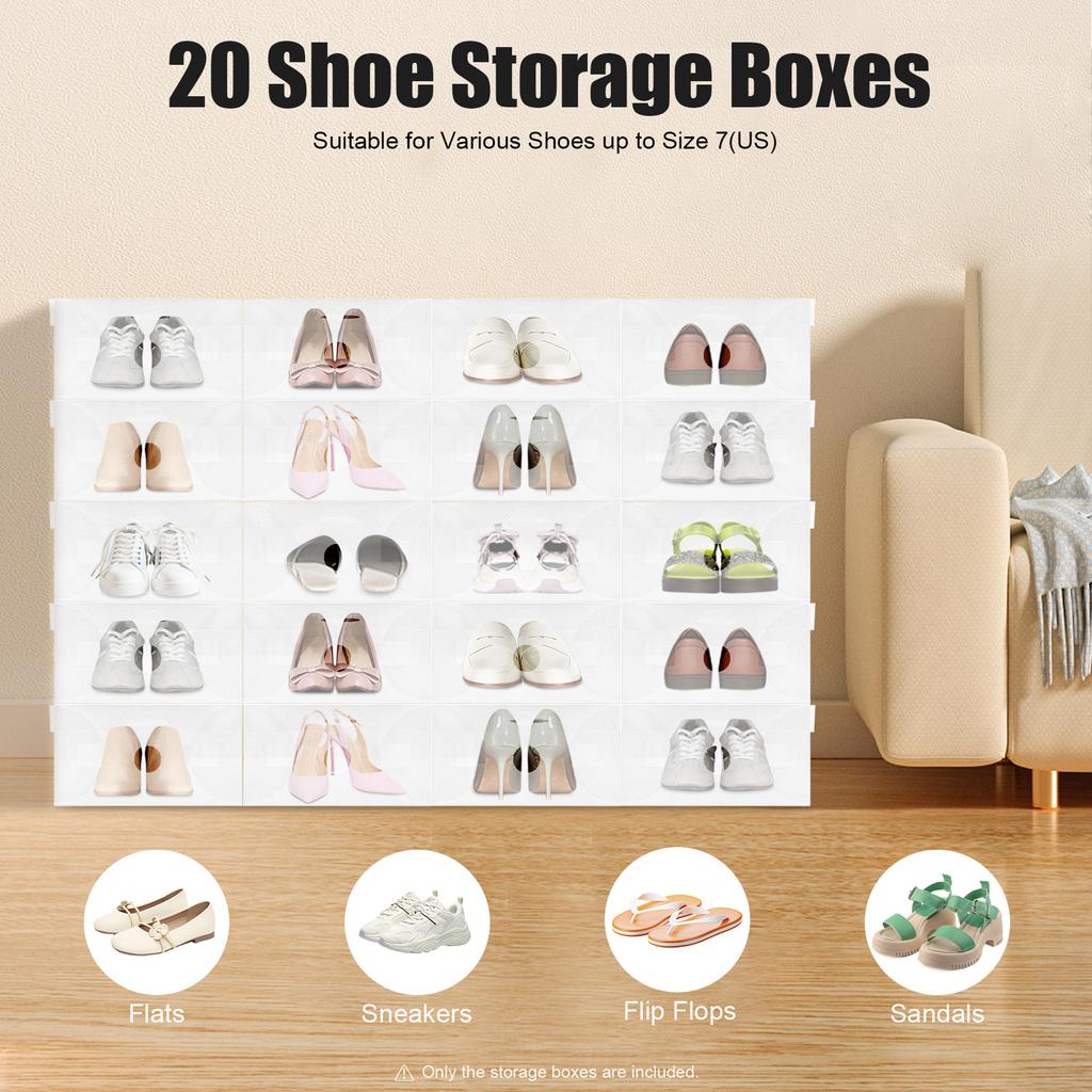 20-Piece Stackable Shoe Boxes – Flip-Top Design with Ventilation Holes – Translucent White Storage Organizer