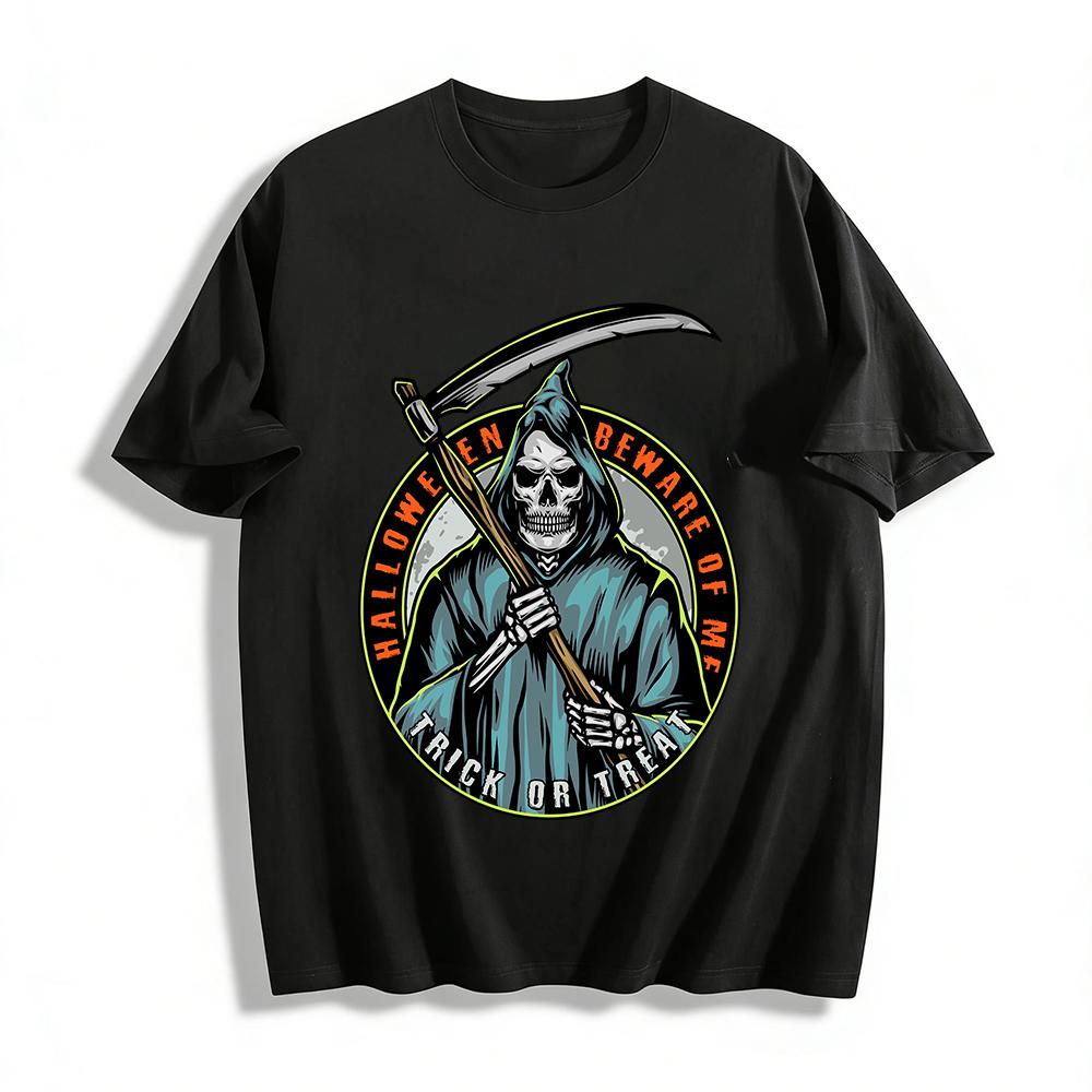

Halloween Grim Reaper Scythe Themed Top Beware I Trick Or Treat Pure cotton T-shirt XXS