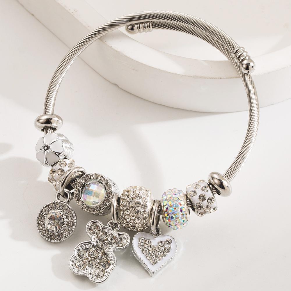 Panjia Dora Stainless Steel Bracelet: Women's Adjustable Bracelet with Diamond Beads & Love Pendant.