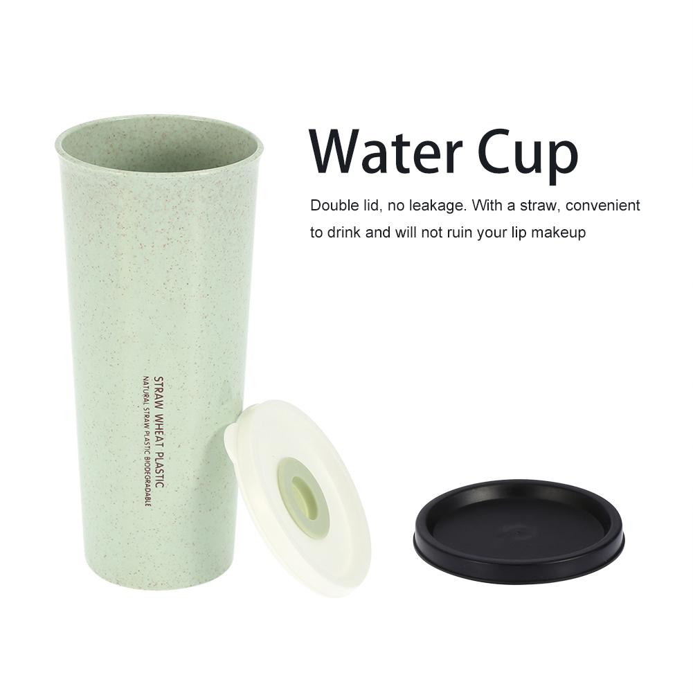 470 ml Wheat Straw Water Cup with Straw Multi Functional Double Lid   Coffee Mug Pink