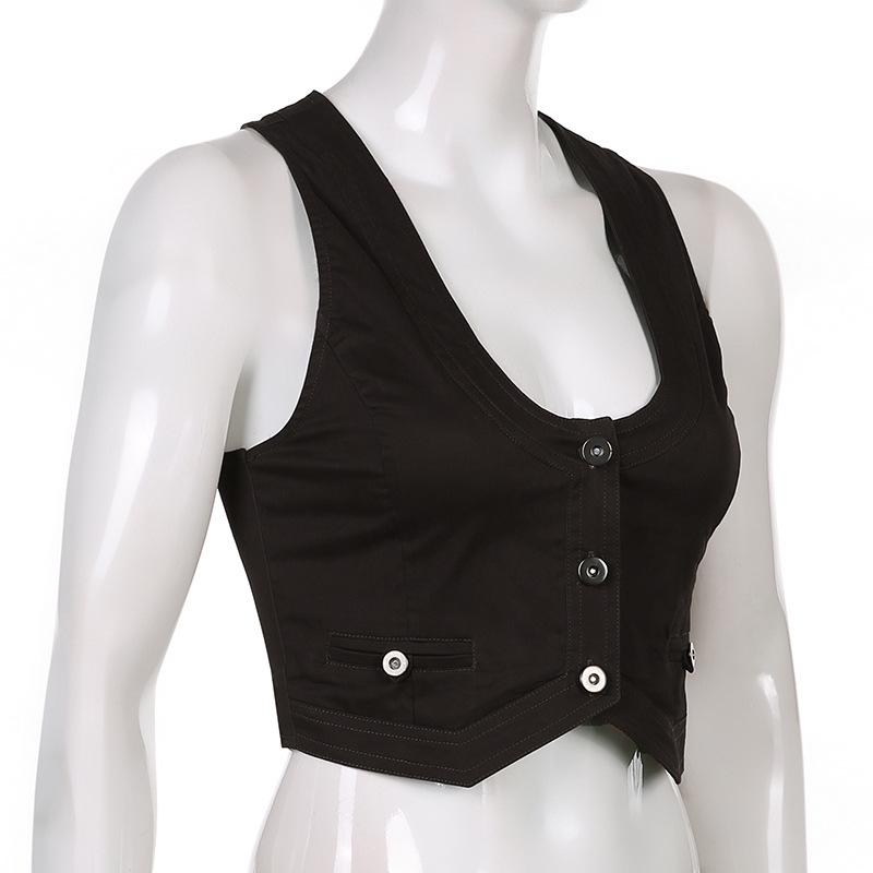 Gothic Fashion vintage Jacket Vest Solid Aesthetic Vintage Slim Button Streetwear Chic Vest Tops Sleeveless Casual Tanks Cropped