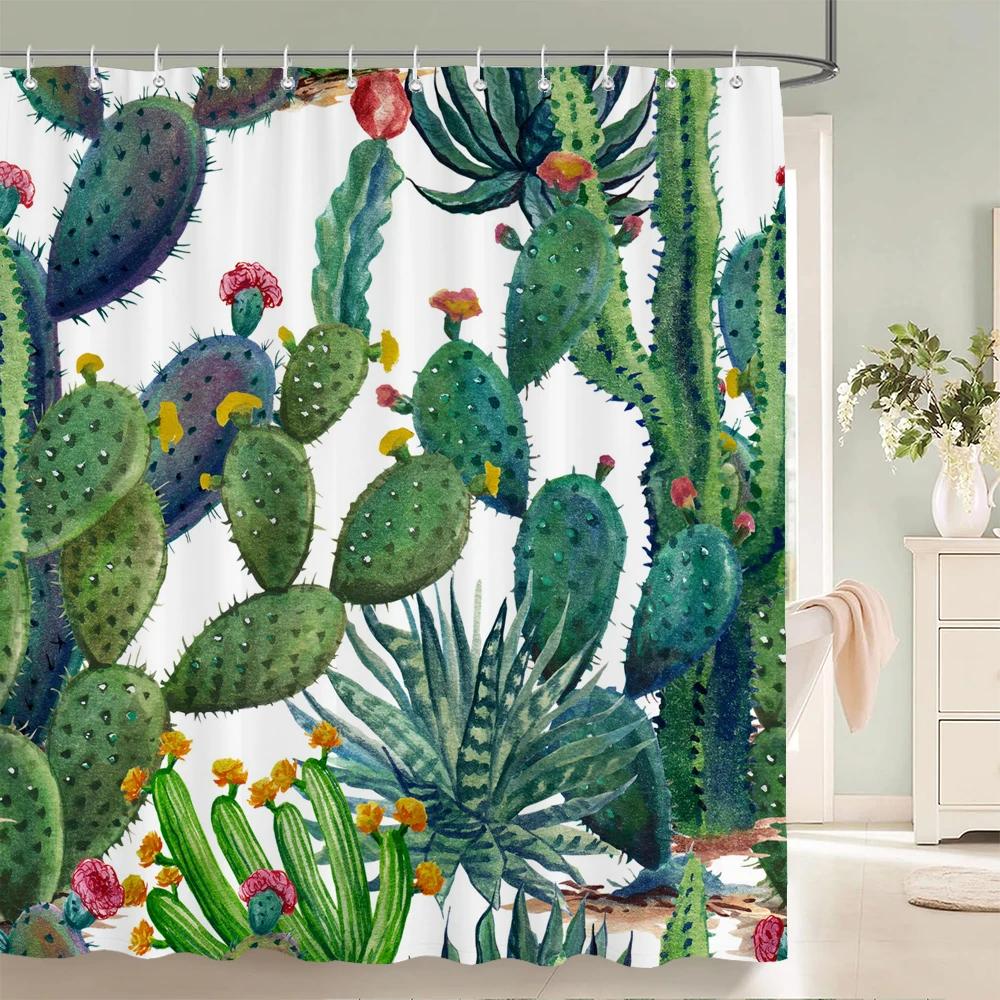Cactus Pattern Bath Curtain Waterproof Fabric Shower Curtains Fresh Flower Plant Bathtub Screen For Bathroom Home Decoration
