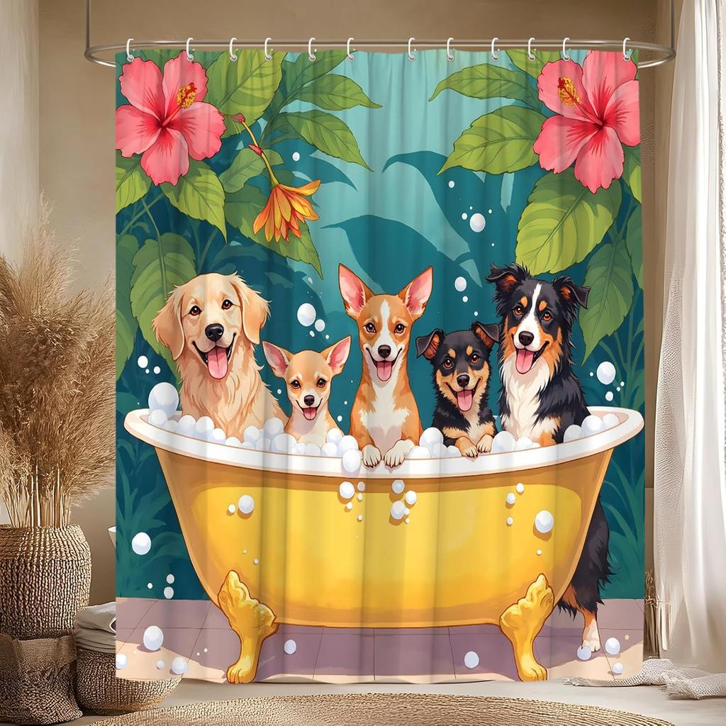 GAEFunny Dogs Shower Curtain Cute Puppy in Bathtub Bubble Tropical Pink Floral Green Leaves Lovely Pets Watercolor Jungle Natu