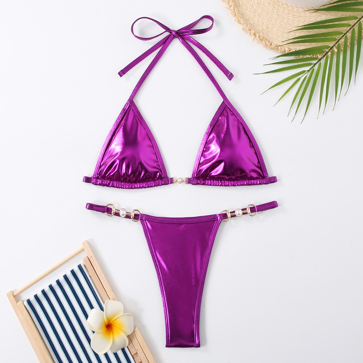 

Women Summer Beach Holiday Sexy Bandage Solid Color Glossy Triangle Bikini L