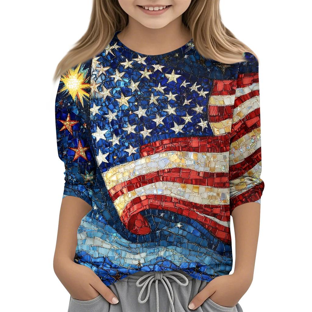 Children's Fashion Printed Round Neck Three-quarter Sleeve Top Casual T-shirt