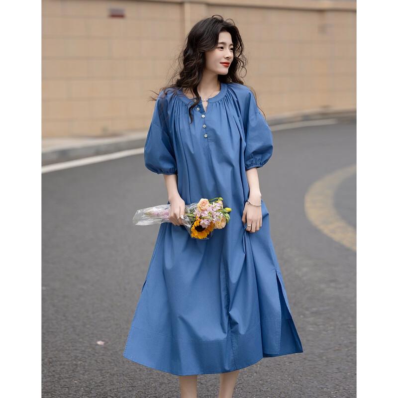 Demana Sommer Lockere Passform Reines Baumwoll-Puffärmel Mittellanges Kleid