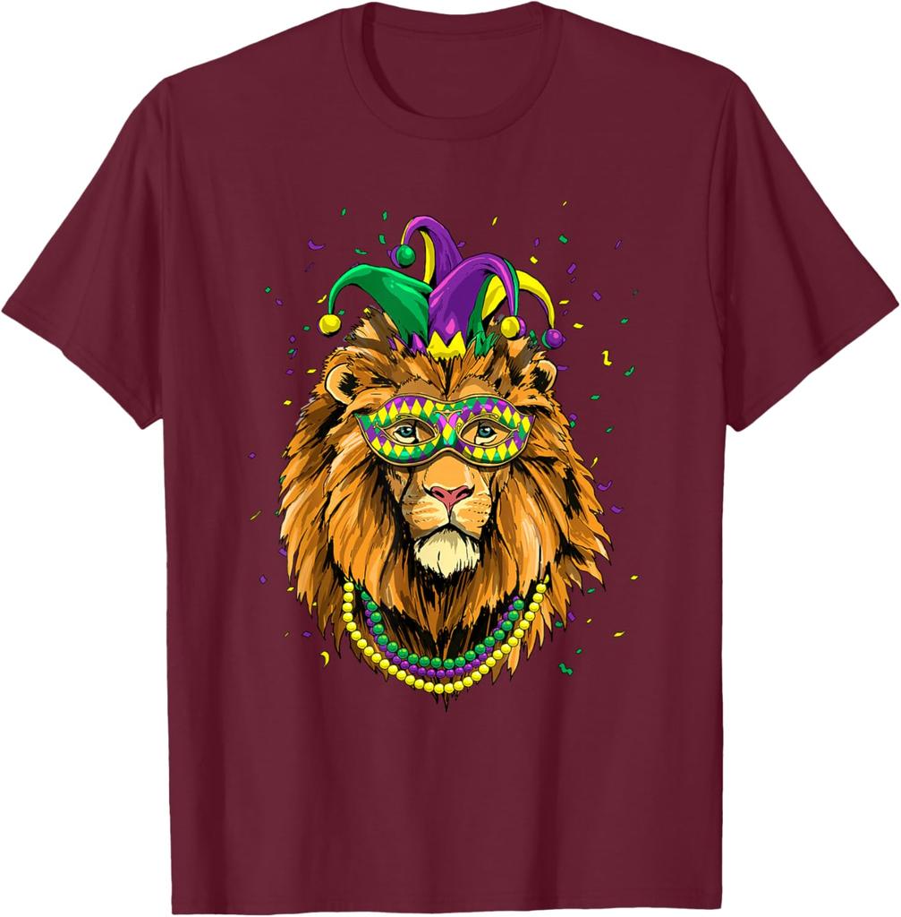 Lion Mardi Gras Mask Graphic Tee Breathable Short Sleeve T-Shirt Carnival Trip