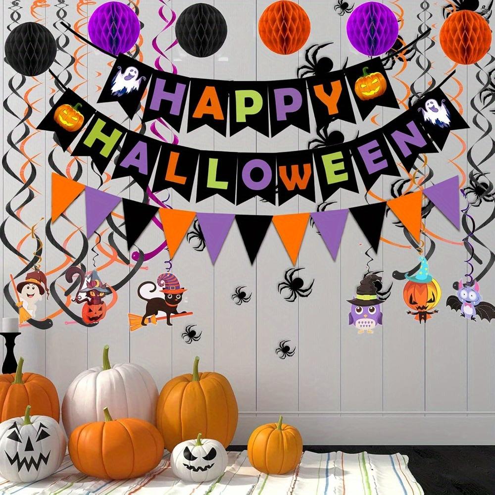2sets Happy Halloween Banner Paper Triangle Flag Bunting Circle Confetti Hanging Garland Honeycomb Ball Swirl Streamers Halloween Party Decorations