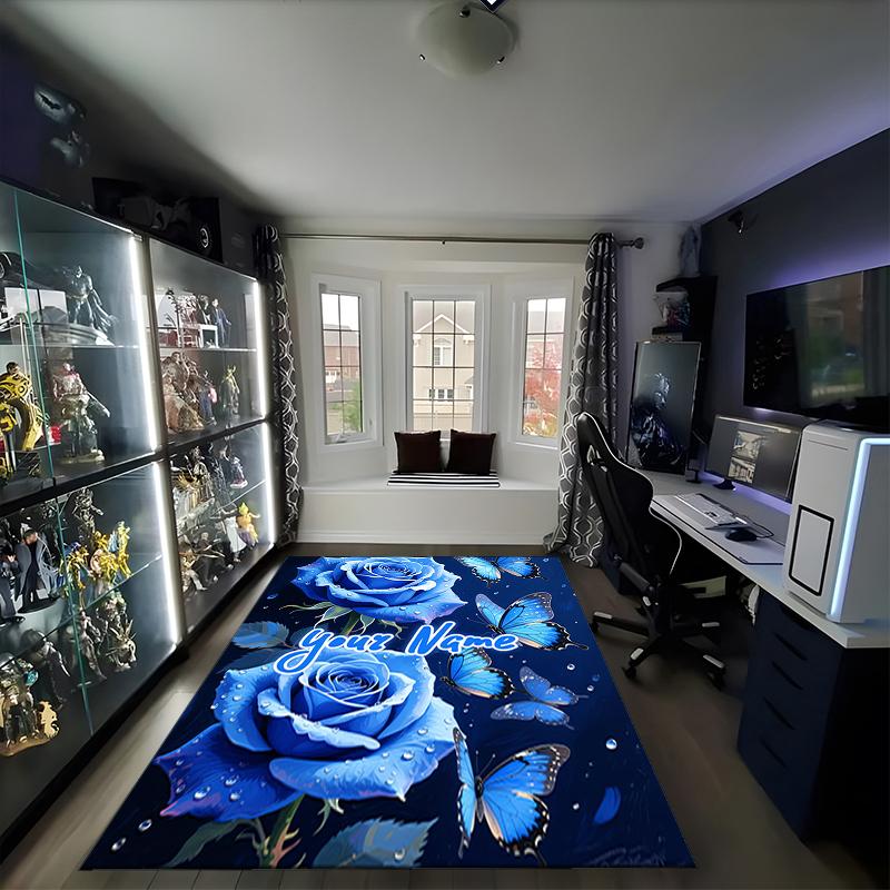 1PC Custom Name Blue Roses Butterflies Theme Floor Mat Ideal for Living Room, Game Rooms, Office, Bedroom, Office Floor Mat , Floor Mats for Home