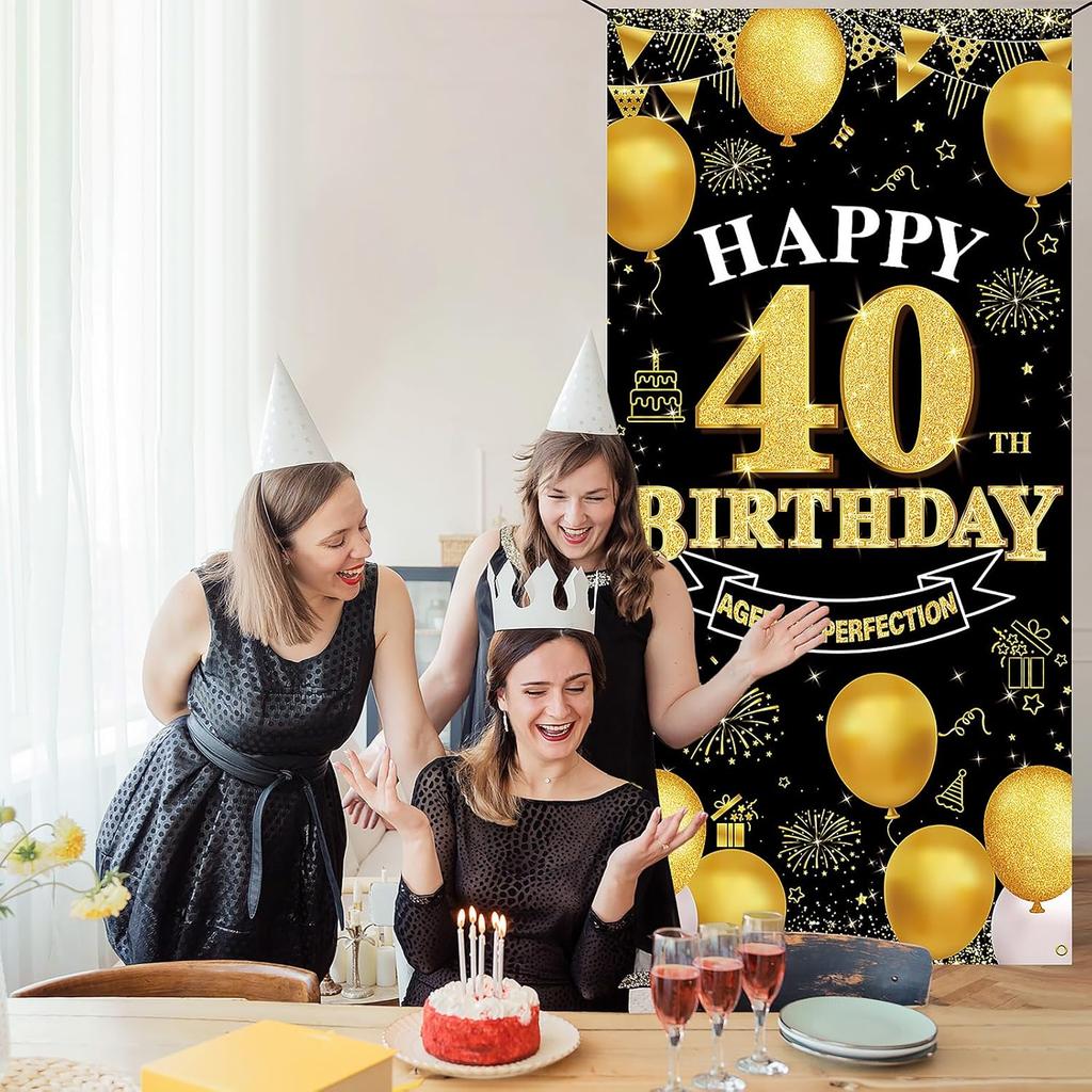 Happy 40th Birthday Decorations for Men & Women, Black Gold 40th Birthday Banner Backdrop, 40 Years Old Party Decor, Fabric Photo Props Yard Sign