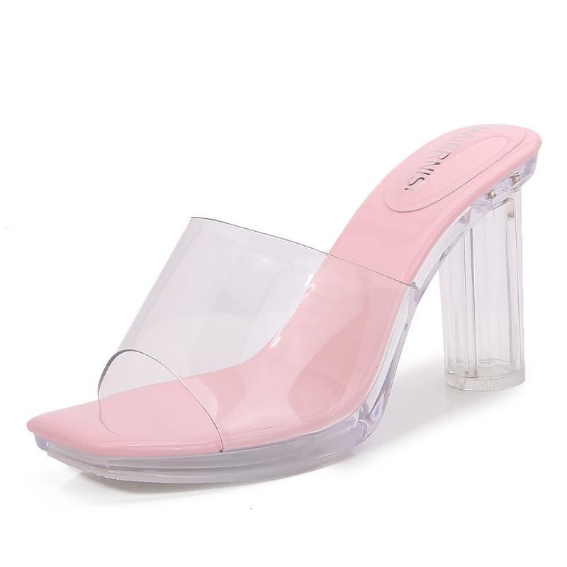 Sandals Women's Summer Silver Outer Slippers Comfortable Simple Temperament Crystal Thick Heel Transparent High Heels