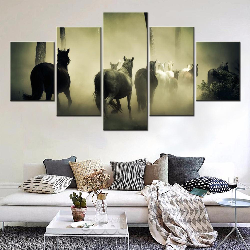 5 Pieces Canvas Wall Art Home Decor Animals Horses Herd Wallpaper Painting Modular Picture Print For Interior Decoration Artwork