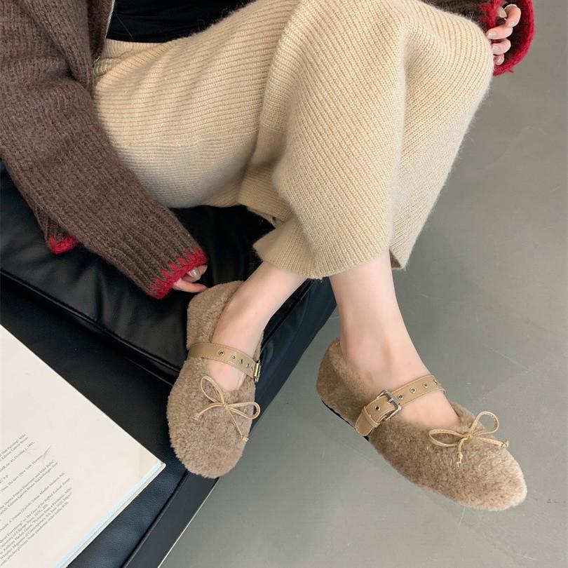 2025 autumn and winter comfortable versatile round head soft sole cotton shoes bow belt buckle flat bottom fluffy shoes