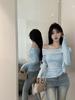 Temperament versatile bow one-word off-shoulder long-sleeved T-shirt slim-fitting and thin lace one-shoulder suspender design top