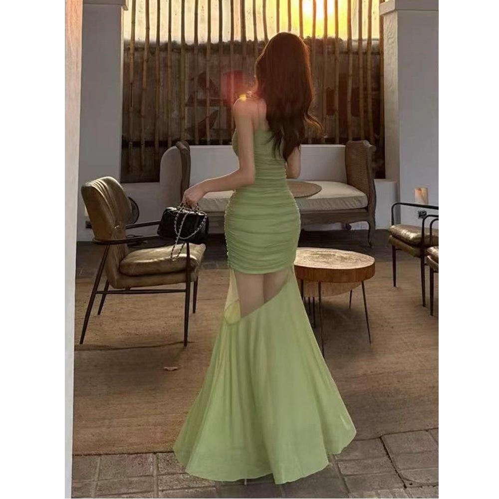 Sexy Pure Desire Mesh Patchwork Spaghetti Strap Dress for Women, 2026 Summer New Waist-cinching Slimming Elegant Mermaid Long Dress