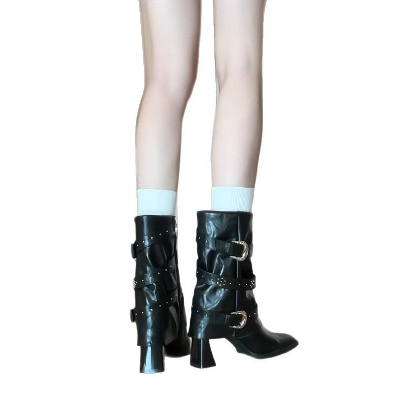 Cowhide version retro rivet belt buckle pointed thick heel short boots personalized single boots pant tube boots women's high heel boots