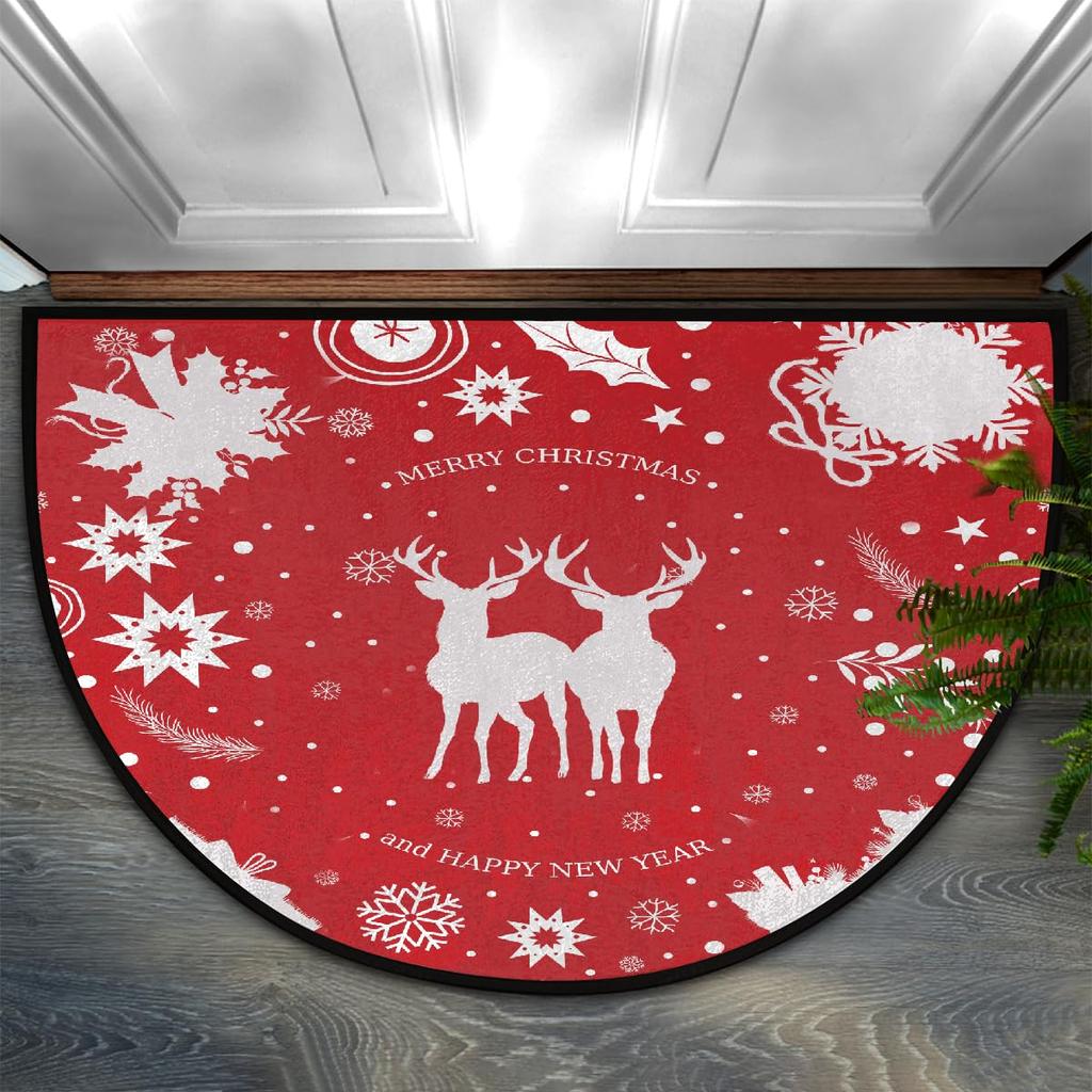 Christmas Old Man Red Half Round Door Mat Non Slip Washable Semi Circle Area Rug Absorbent Soft Half Moon Rug Home Decor
