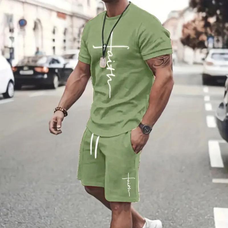 Gradient Men's Suit Casual New Short Sleeve With Shorts 3d Letter Faith Printed T-Shirt And Drawstring  Shorts 2-Piece Sets