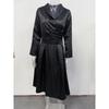 Women Elegant Formal Midi Dress, Lapel Collar 3/4 Sleeve Wrap V‑Neck Dress, High Waist Pleated A‑Line Swing Dress With Pockets For Wedding Guest Party