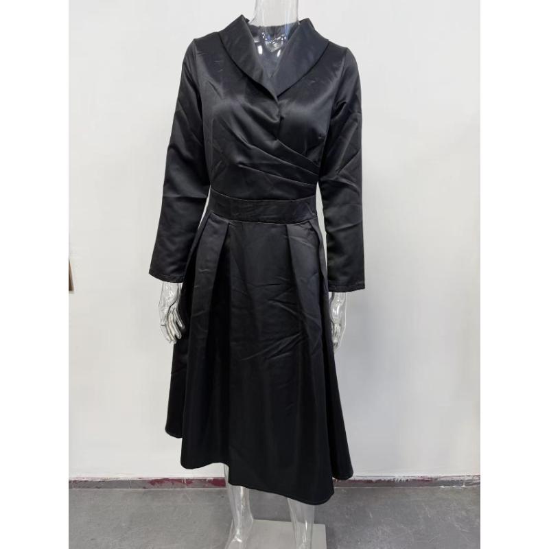 Women Elegant Formal Midi Dress, Lapel Collar 3/4 Sleeve Wrap V‑Neck Dress, High Waist Pleated A‑Line Swing Dress With Pockets For Wedding Guest Party