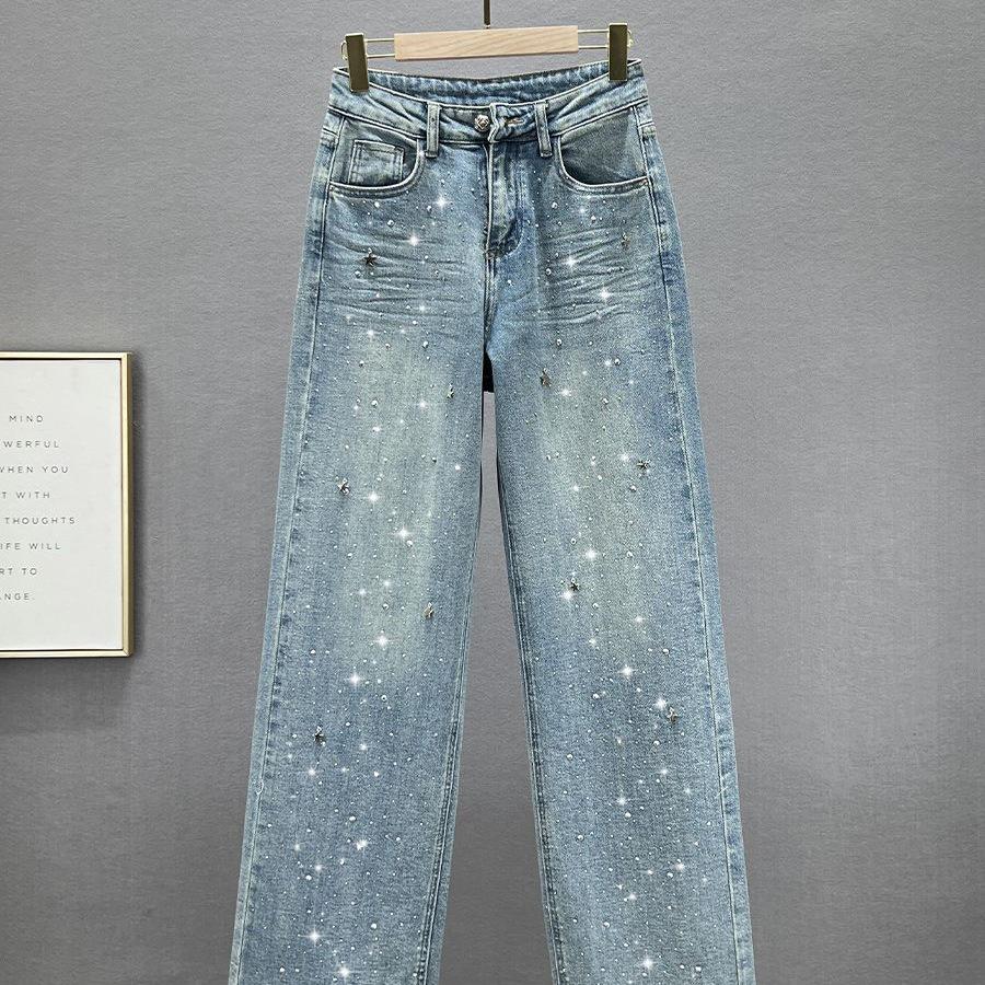 Women's High-Waisted Denim Jeans with Rhinestone Star Pendant - European Style, Summer Loose Fit, Slimming, Versatile Straight Leg.