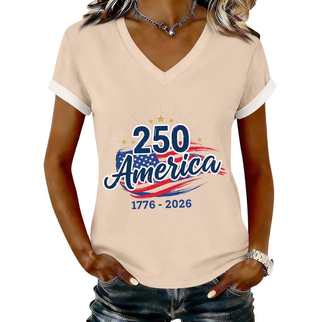 Women's Casual Printed T-Shirt V Neck Pullover Short Sleeve Top