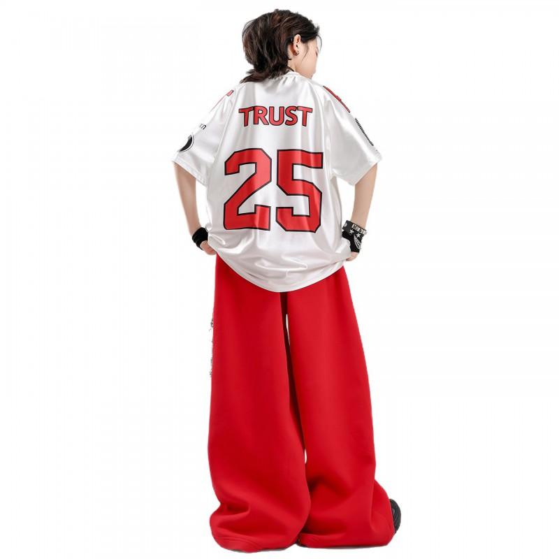 Kids Hip Hop Dance Outfit Set - White Short Sleeve Top Red Pants Boys Girls Stage Performance