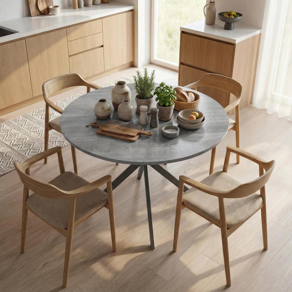 Round Dining Table for 4 People, Industrial-Style Kitchen Table with Steel Legs, for Dining Room, Kitchen, Grey