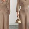 Pantaloni a gamba larga a vita alta alla moda, eleganti, tinta unita, scollo a V, manica corta, plissettati, tuta intera da donna, stile da pendolare
