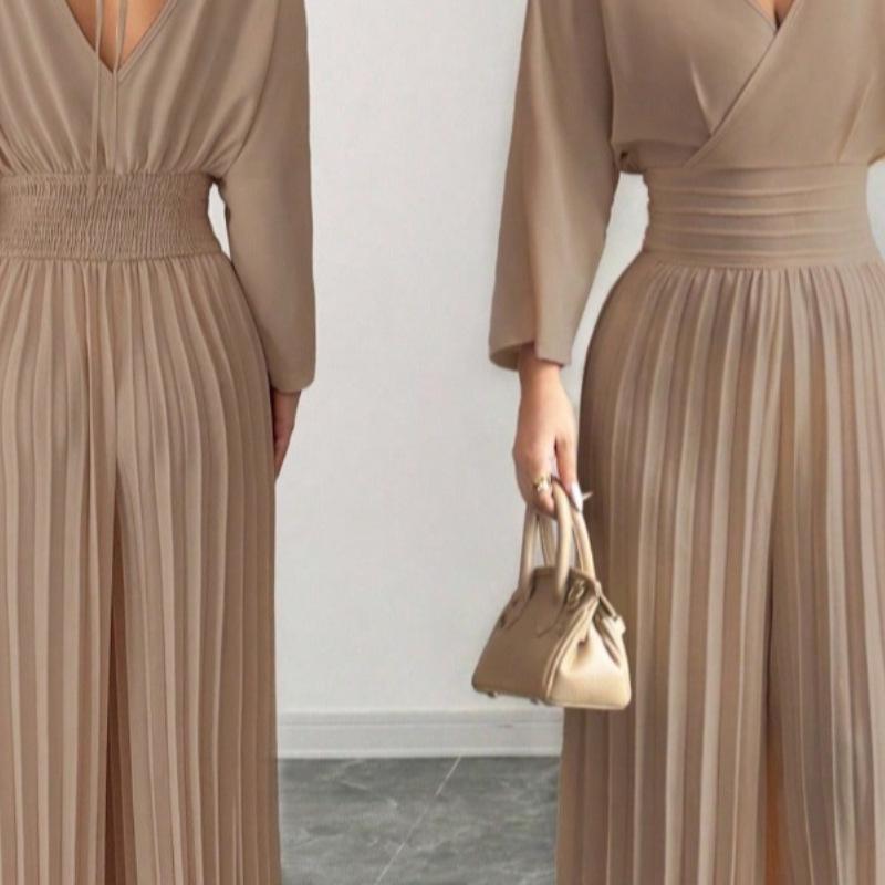 Pantaloni a gamba larga a vita alta alla moda, eleganti, tinta unita, scollo a V, manica corta, plissettati, tuta intera da donna, stile da pendolare