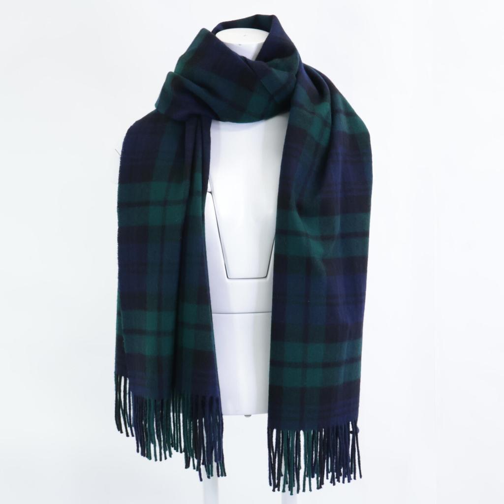 JOHNSTONS [Excellent Condition] Tartan Cashmere Fringe Stole / Scarf Navy / GreenUsed