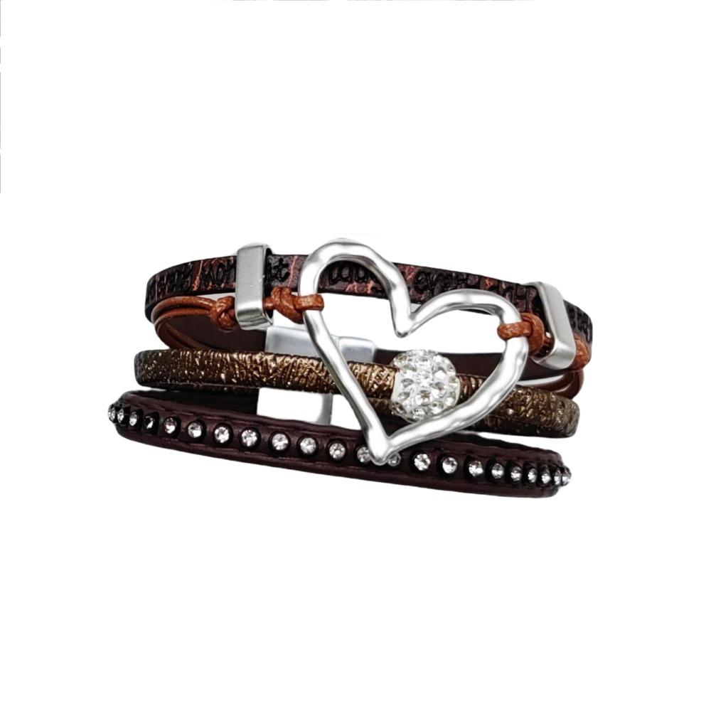 Multilayer Rhinestone Leather Bracelet Gothic Three Layers Bracelet Fashion Heart Bracelet  Female