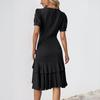 Summer casual dating retro elegant bubble sleeves solid color v-neck waist dress
