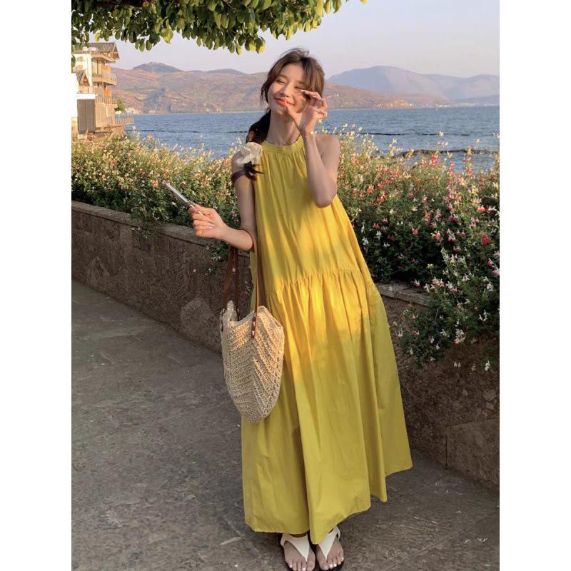 Elegant Yellow Sleeveless Halter Neck A-line Dress - Women's Retro Resort Style.