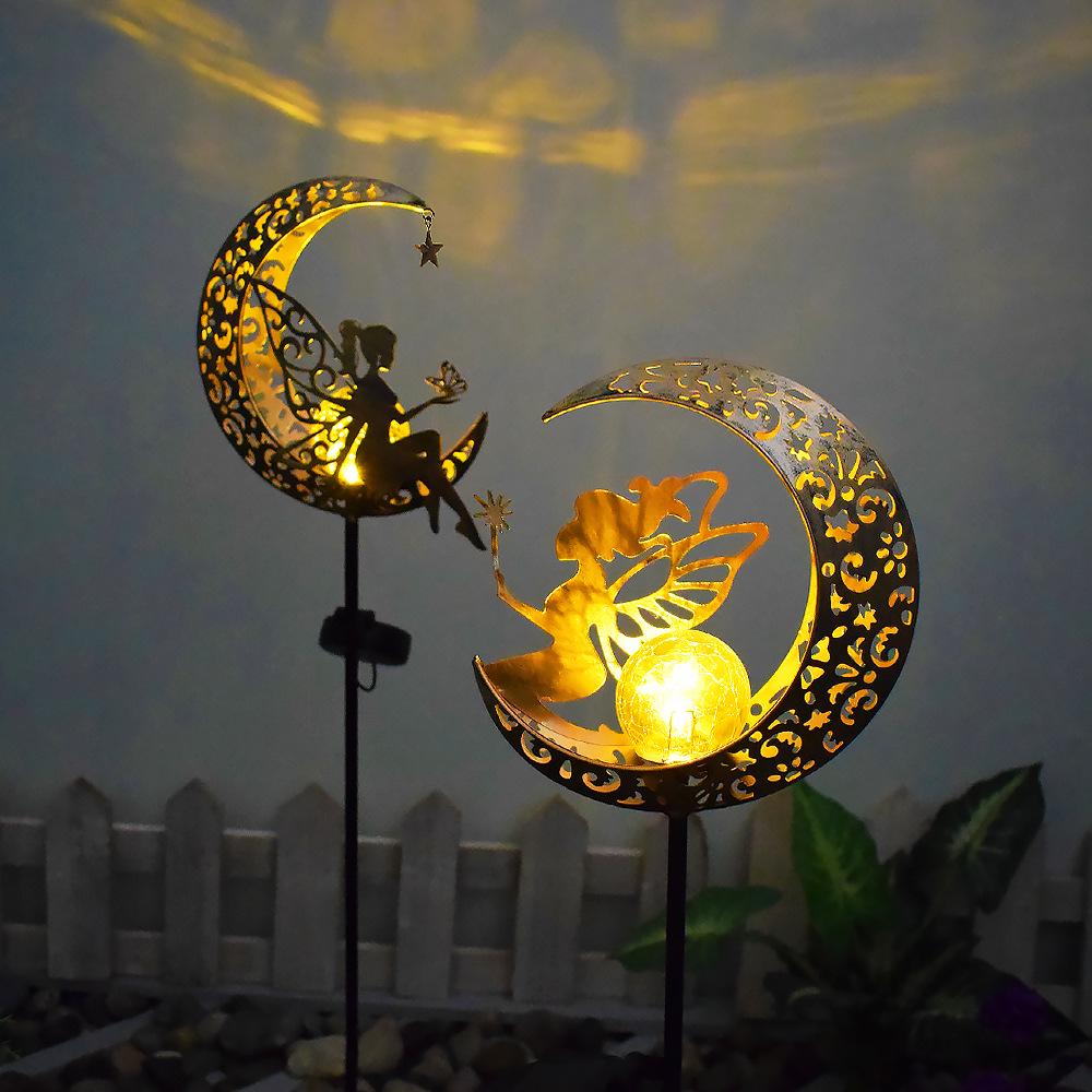 Antique Iron Art Solar Garden Lights: Moon & Sun Design Landscape Spotlight