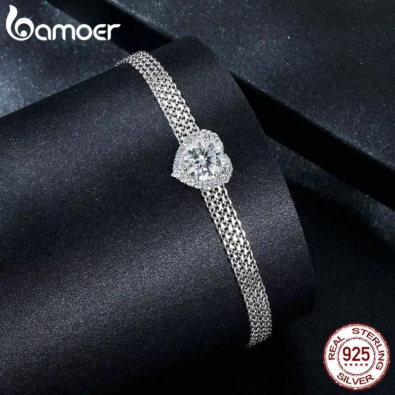 BAMOER Solid 925 Silver 4mm Mesh Link Chain Bracelet, White Gold Plated Heart Moissanite Woven Bracelet for Women