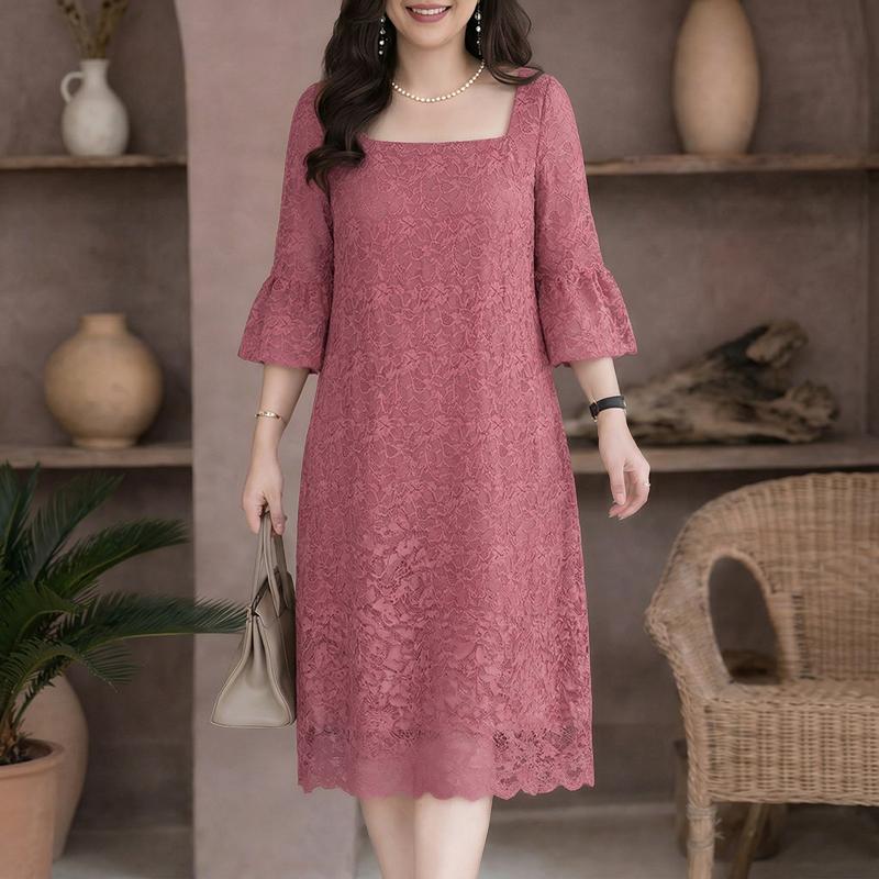 ZANZEA Women Square Collar 3/4 Sleeve Casual Lace Patchwork Elegant Dress M розовый