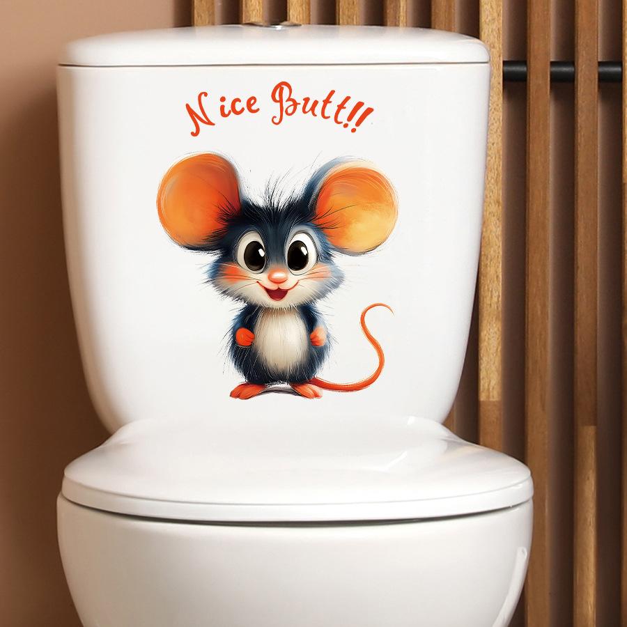 Cute Cartoon Mouse Creative Toilet Stickers, Self-Adhesive Decor for Bathroom Toilet Lid and Tank Decoration