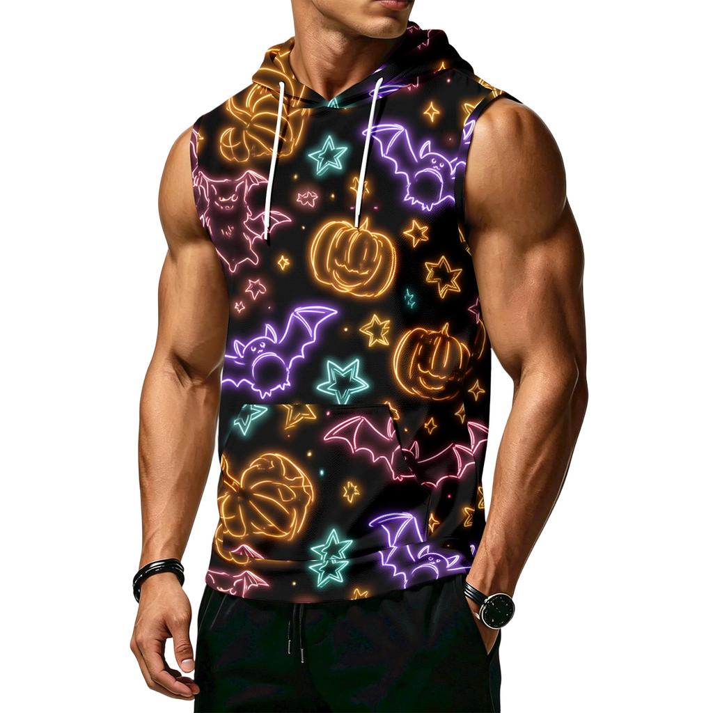 Men's Halloween Print Hooded Tank Top Casual Sleeveless Vest with Pockets Drawstring