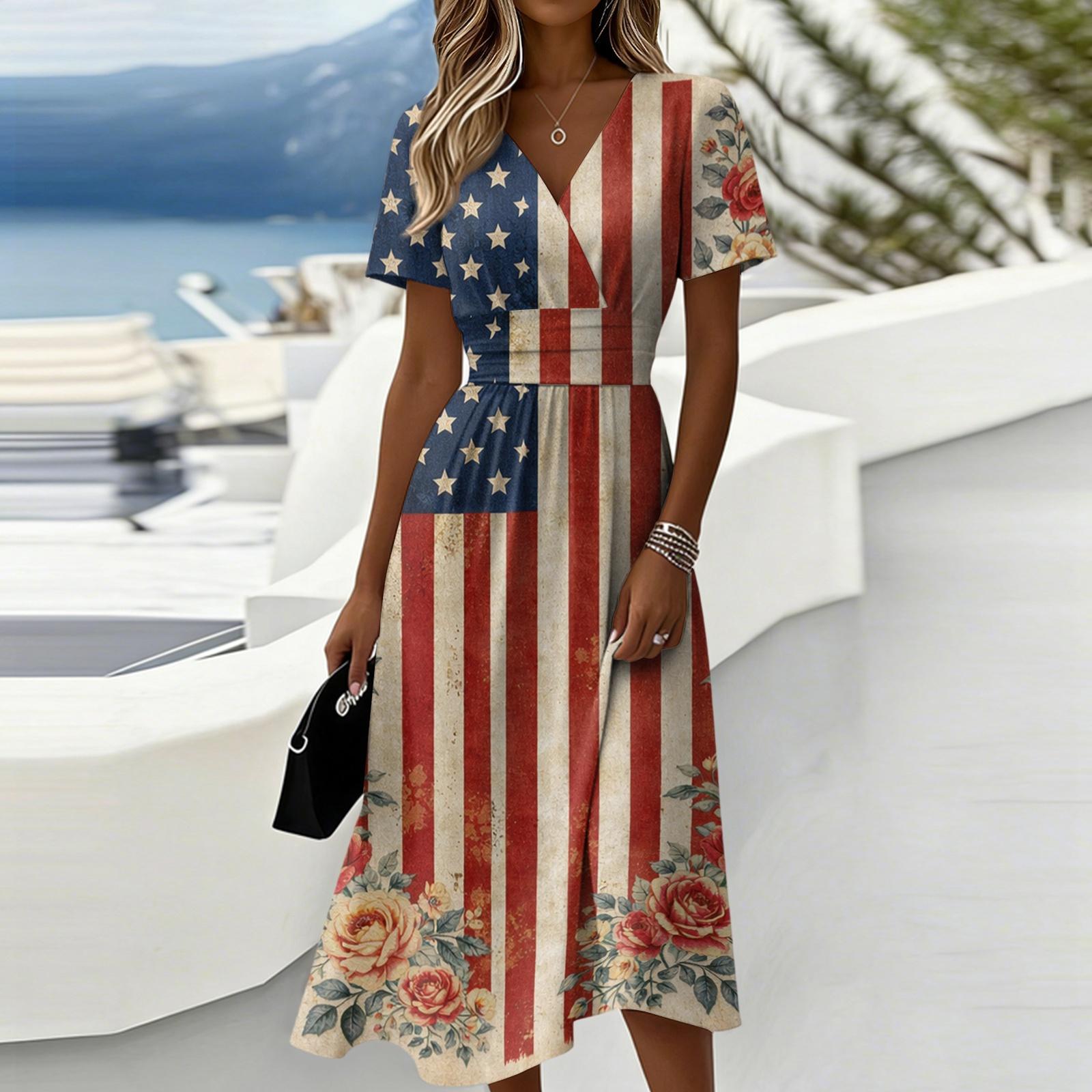 

Women s Independence Day Print Casual Fashion Short Sleeve V-Neck Dress XL червоний