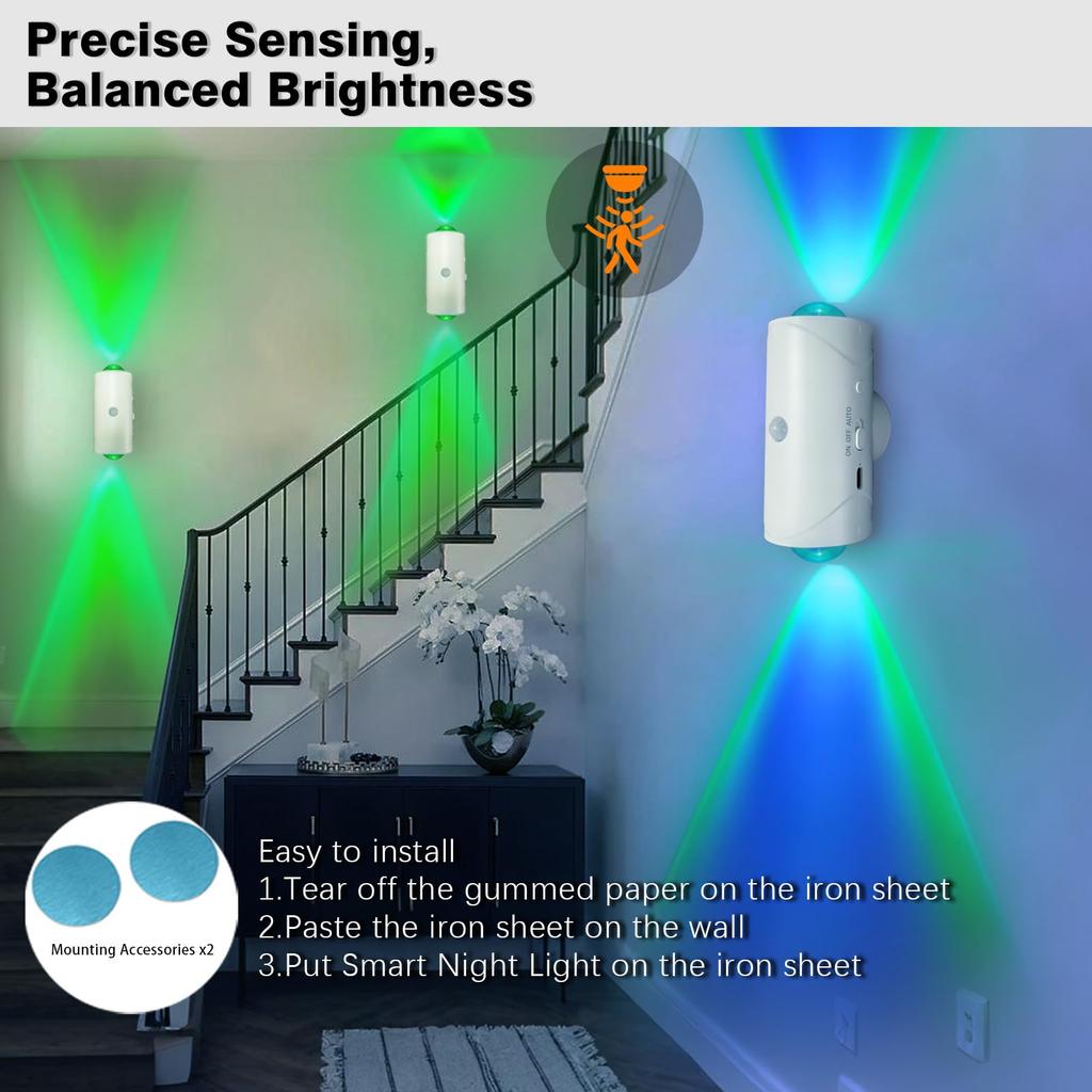 Luz Nocturna LED con Sensor de Movimiento Cambio de Color RGB Recargable por USB Inalámbrica Lámpara de Pared para Dormitorio Escaleras Pasillo Jardín Lámpara de Escalón Magnética