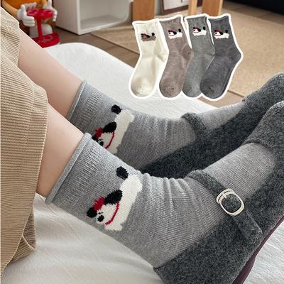 Wollsocken für Damen, Dicke und Warme Mittelschaftsocken für Herbst und Winter, Cartoon und Niedliche Graue Lange Socken, Plüschsocken