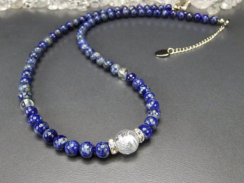 Lapis Lazuli Necklace Crystal Silver Dragon Hand Carved Natural Stone Stainless Steel Hardware 6mm Lapis Lazuli 10mm Crystal Silver Dragon [Ishigai]