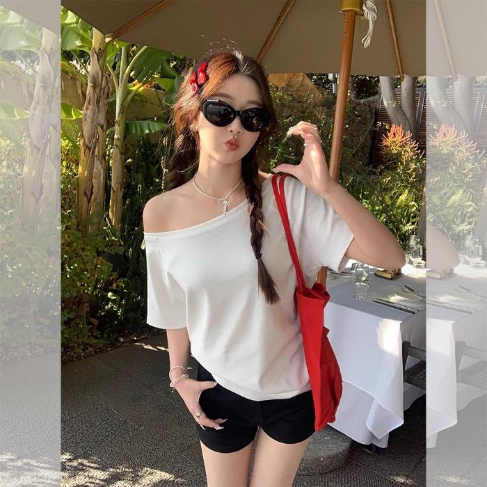 

Oblique neck off-shoulder short-sleeved T-shirt women s summer new loose and thin casual versatile chic top S белый