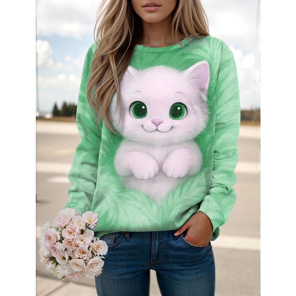 Women's  Animal Cat Printed Sweatshirt 3D Print O-Neck Long Sleeve Tops Women's Apparel Streetwear Fall Winter Pullover