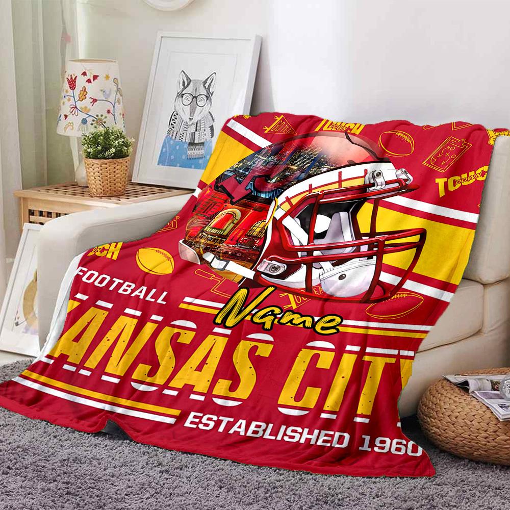 Kansas City Football Helmet With Cityscape Background Cozy Customizable Blanket Name Comfortable Texture For Sofa Couch Office Bed Picnics Ideal For