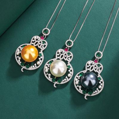Elegante colar vintage de pérolas de cabaça rubi com pingente de pérola de zircônia e cristal esmeralda oca