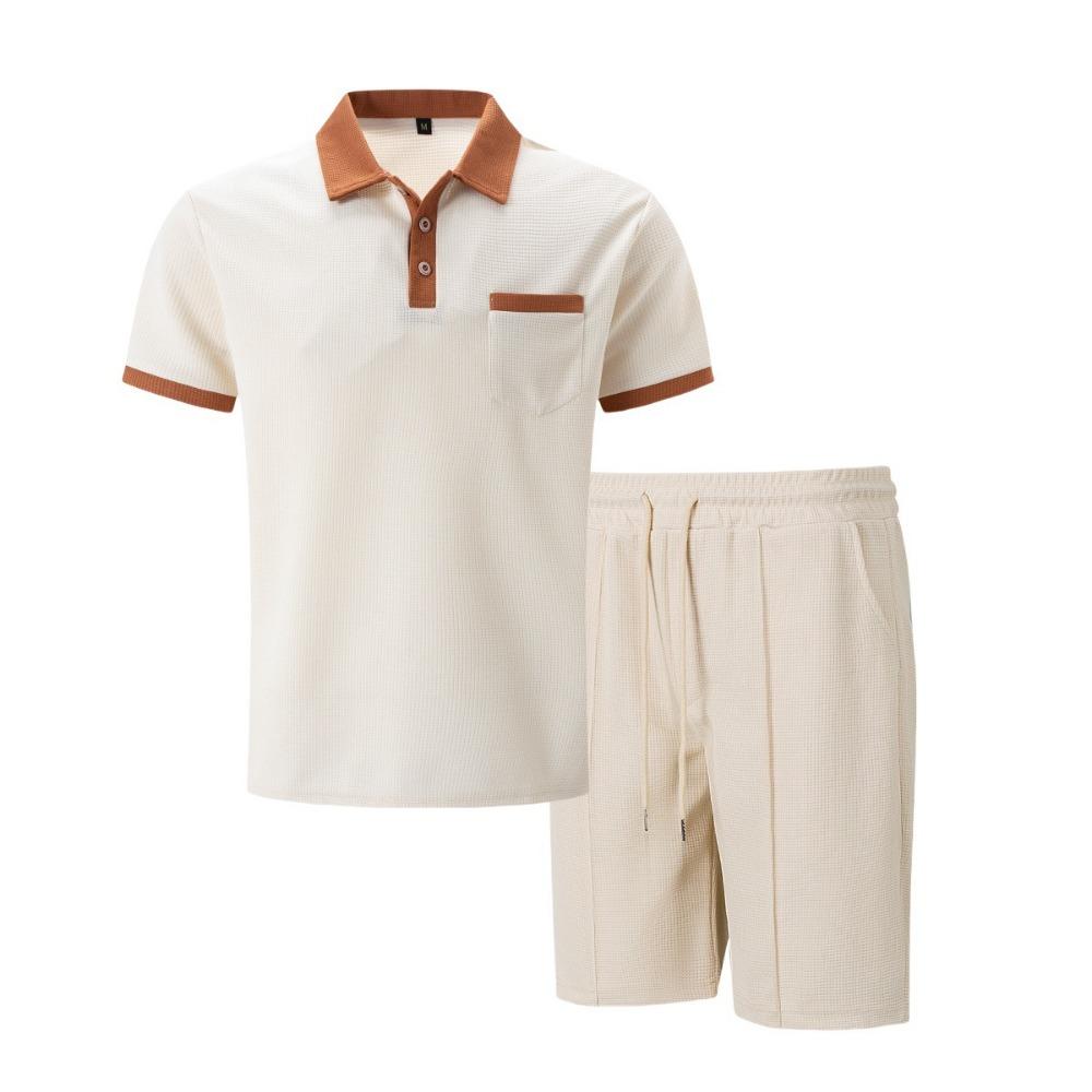 Men's Waffle Collar Color Blocked Short Sleeved Shorts Set